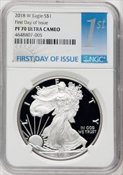 2018-W S$1 Silver Eagle First Day of Issue NGC PF70