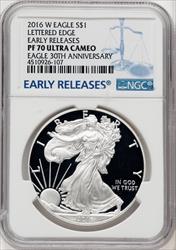 2016-W S$1 Silver Eagle Lettered Edge 30th Anniversary First Strike ER Blue NGC PF70