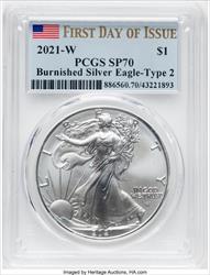 2021-W S$1 Silver Eagle Type Two Burnished FDI PCGS SP70