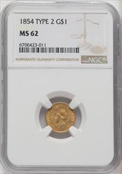 1854 G$1 Type Two Gold Dollar NGC MS62