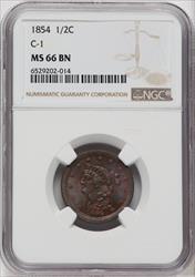 1854 1/2 C C-1 BN Half Cent NGC MS66
