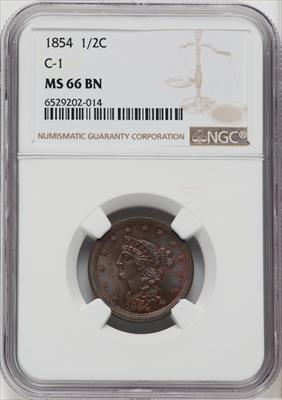 1854 1/2 C C-1 BN Half Cent NGC MS66