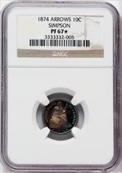 1874 10C ARROWS Proof Seated Dime NGC PR67