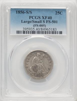 1856-S/S 25C Large Over Small S FS-501 Seated Quarter PCGS XF40