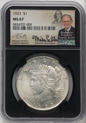 1923 $1 Mike Castle Blk Core Franklin Series Peace Dollar NGC MS67