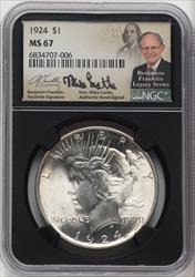 1924 $1 Mike Castle Blk Core Franklin Series Peace Dollar NGC MS67