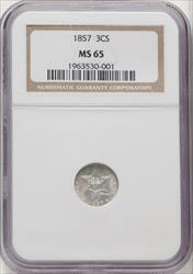 1857 3CS Brown Label Three Cent Silver NGC MS65