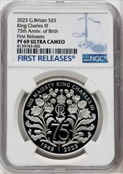 Charles III silver Proof “King Charles III – 75th Anniversary of Birth” 5 Pounds 2023 PR69 Ultra Cameo NGC World Coins NGC MS69