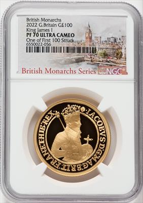 Elizabeth II gold  James I  100 Pounds 2022 PR70 Ultra Cameo NGC. One of First 100 Struck World Coins