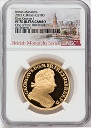 Elizabeth II gold  George I  100 Pounds 2022 PR70 Ultra Cameo NGC. One of First 100 Struck World Coins NGC MS70