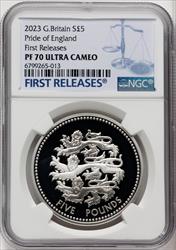 Charles III silver Proof  Pride of England  5 Pounds 2023 PR70 Ultra Cameo NGC World Coins NGC MS70