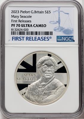 Charles III silver Proof Piefort “Mary Seacole” 5 Pounds 2023 PR70 Ultra Cameo NGC World Coins NGC MS70
