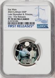 Charles III silver Colorized Proof  Luke Skywalker & Princess Leia  50 Pence 2023 PR70 Ultra Cameo NGC World Coins NGC MS70