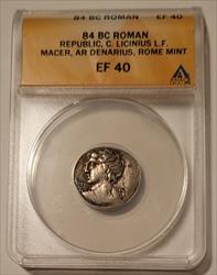 Roman Republic C Licinius L F Macer 84 BC AR Denarius XF40 ANACS