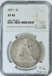 1871 Seated Liberty Dollar NGC XF-45; Nice Type Coin!  