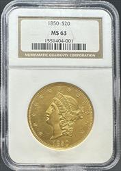 1850 $20 Liberty MS63 NGC