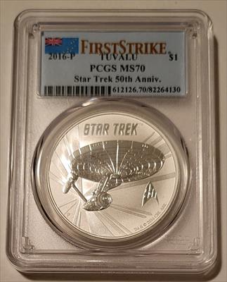 Tuvalu 2016 P 1 oz Silver Dollar Star Trek NCC-1701 50th Anniversary MS70 PCGS First Strike Low Mintage