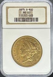 1875-S $20 Liberty AU58 NGC