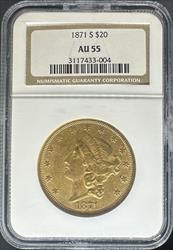 1871-S $20 Liberty AU55 NGC