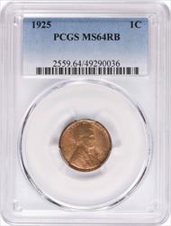 1925 Lincoln Cent MS64RB PCGS
