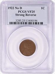 1922-PL Lincoln Cent Strong Reverse No D VF25 PCGS
