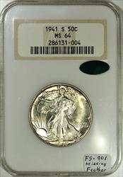 1941-S Walking Liberty Half Dollar NGC & CAC MS-64; FS-901 Missing Feather 