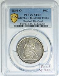 1840-O Seated Liberty Half Dollar PCGS XF-45; Baseball Die Crack Variety; Finest At PCGS 