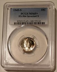 1945 S Mercury Dime Inverted S Variety FS-504 MS65+ PCGS Obverse Toning