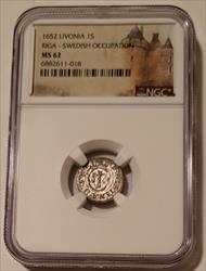 Livonia (Latvia) Swedish Occupation 1652 Silver Solidus Riga Mint MS62 NGC