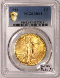 1914 Gold $20 Double Eagle PCGS MS-64; Better Date! 