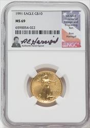 1991 $10 American Gold Eagle NGC MS69 Ron Harrigal Signed