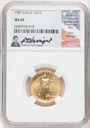 1987 $10 American Gold Eagle NGC MS69 Ron Harrigal Signed