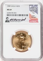 1989 $25 American Gold Eagle NGC MS69 Ron Harrigal Signed