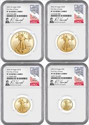 2023-W Gold Eagle 4-Coin Set FDI NGC PF70 Ultra Cameo Ron Harrigal Signed