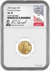 2024 $5 Tenth Ounce Gold Eagle First Day of Issue NGC MS70 Ron Harrigal Signed