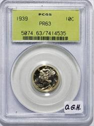 1939 Proof Mercury Dime PCGS PR-63; Old Green Holder 