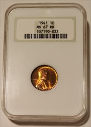 1941 Lincoln Wheat Cent MS67 RED NGC OH