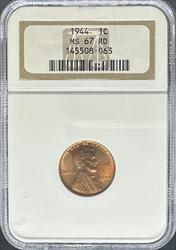 1944 Lincoln Cent MS67RD NGC