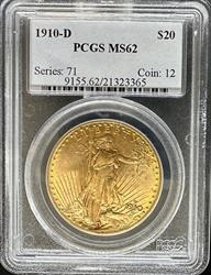 1910-D $20 St Gaudens MS62 PCGS