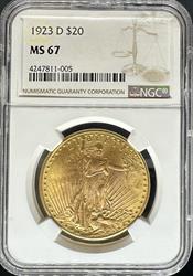 1923-D $20 St Gaudens MS67 NGC