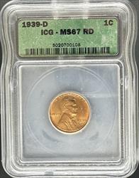 1939-D Lincoln Cent MS67RD ICG