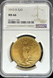 1913-D $20 St Gaudens MS66 NGC