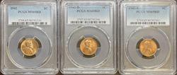 1942-P/D/S Lincoln Cent 3pc Set MS65RD PCGS