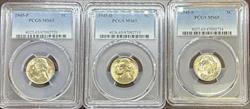 1945-P/D/S Jefferson Nickel 3pc Set MS65 PCGS