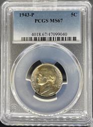 1943 Jefferson Nickel MS67 PCGS