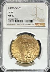 1909-S/S $20 St Gaudens FS-501 MS62 NGC