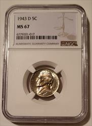 1943 D Jefferson Silver Nickel MS67 NGC