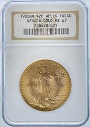 1908 NM $20 Wells Fargo St Gaudens MS67 NGC