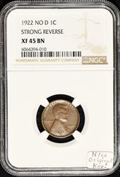 1922 No D Strong Reverse Lincoln Wheat Cent NGC XF-45; Nice Original Key! 