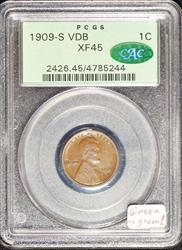 1909-S VDB Lincoln Wheat Cent PCGS & CAC XF-45; Green On Green! 